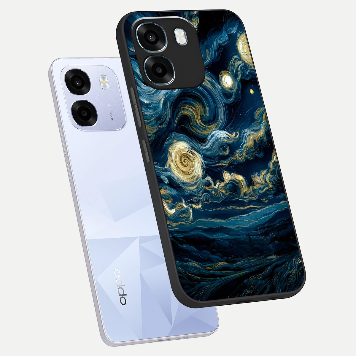  Midnight Sky Whirl phone case For Oppo K14 5G showing premium glass back cover with detailed artwork