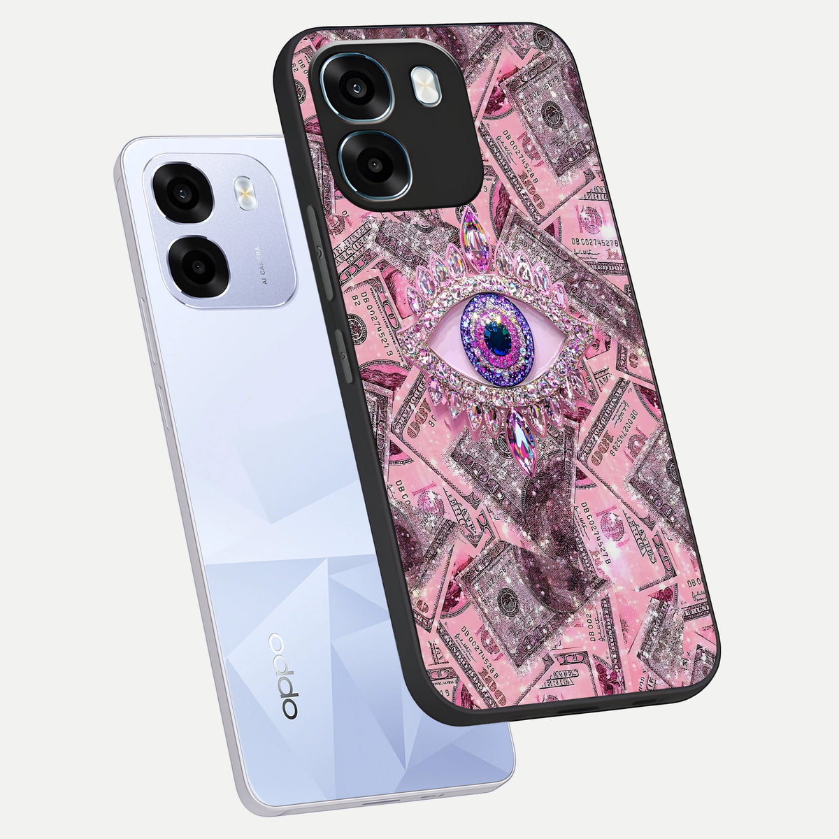  Money Eye Luxe phone case For Oppo K14 5G showing premium glass back cover with detailed artwork