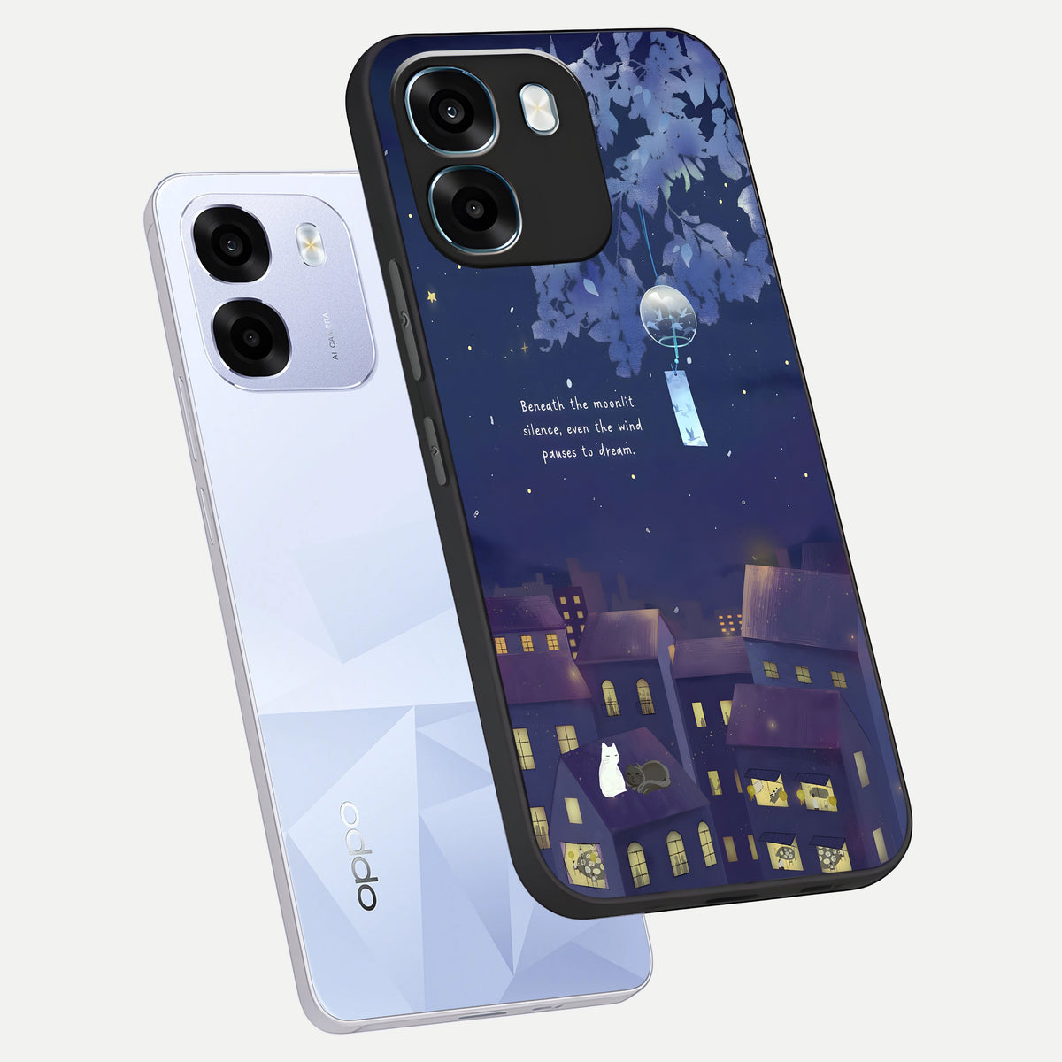  Moonlit Cat Silence phone case For Oppo K14 5G showing premium glass back cover with detailed artwork