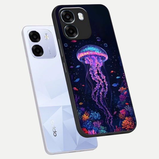  Neon Jellyfish phone case For Oppo K14 5G showing premium glass back cover with detailed artwork