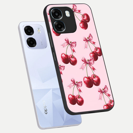  Red Cherries Pattern phone case For Oppo K14 5G showing premium glass back cover with detailed artwork
