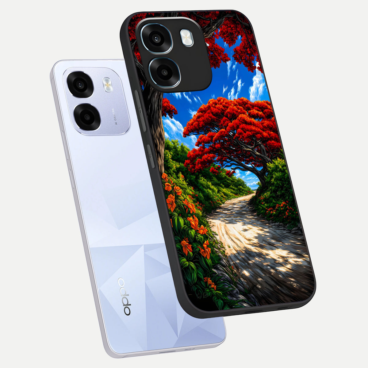  Red Trees Pathway phone case For Oppo K14 5G showing premium glass back cover with detailed artwork