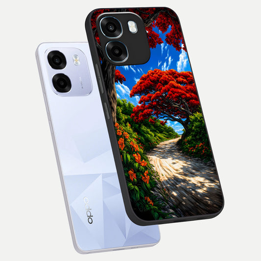  Red Trees Pathway phone case For Oppo K14 5G showing premium glass back cover with detailed artwork