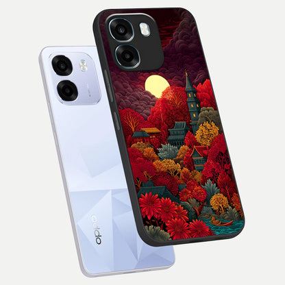  Scarlet Autumn Temple phone case For Oppo K14 5G showing premium glass back cover with detailed artwork