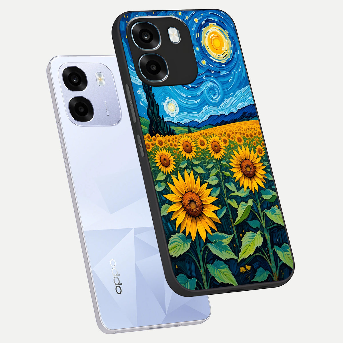  Starry Sunflower Dreams phone case For Oppo K14 5G showing premium glass back cover with detailed artwork