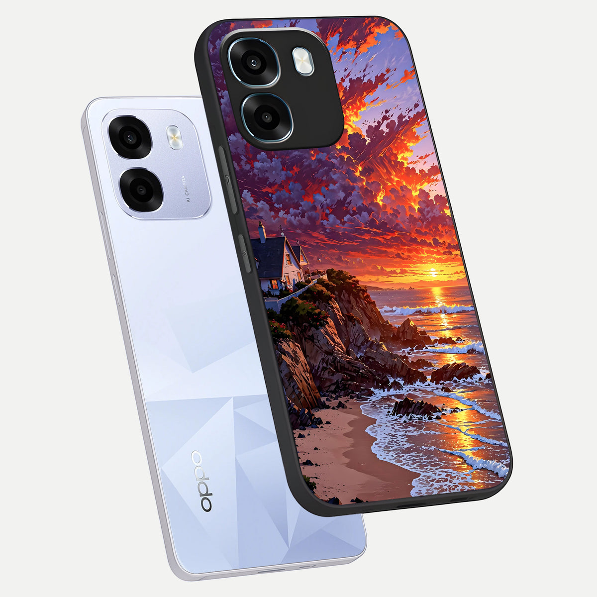  Sunset House By Sea phone case For Oppo K14 5G showing premium glass back cover with detailed artwork