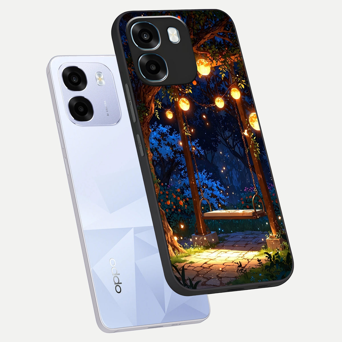  Twilight Garden Swing phone case For Oppo K14 5G showing premium glass back cover with detailed artwork