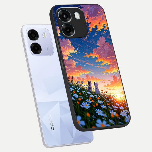  Two Cats Friends phone case For Oppo K14 5G showing premium glass back cover with detailed artwork