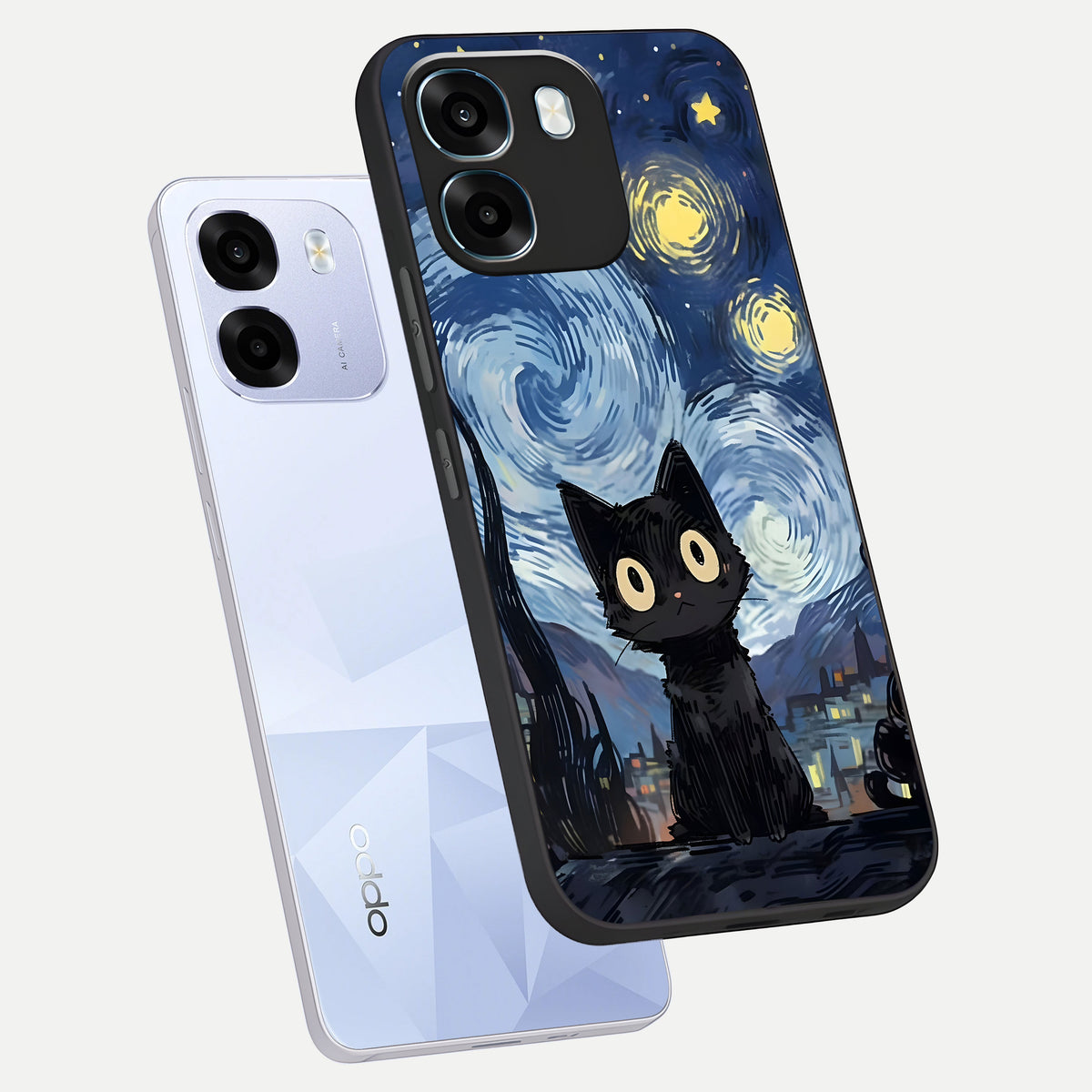  Van Gogh Cat phone case For Oppo K14 5G showing premium glass back cover with detailed artwork