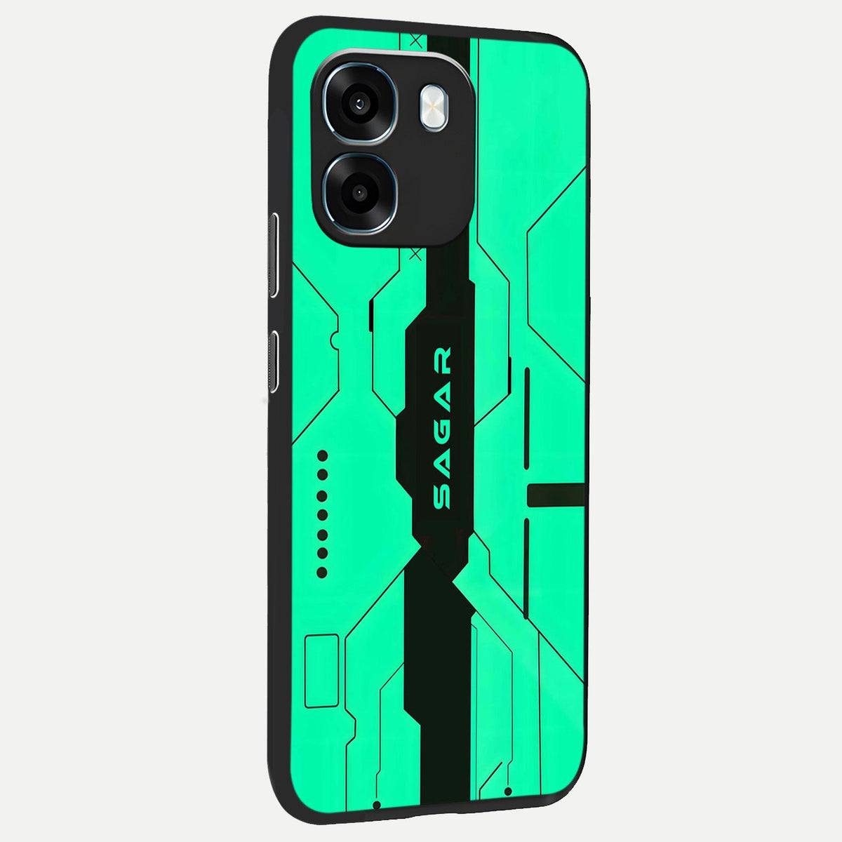  Aqua Tech CYBERPUNK Custom Name back cover For Oppo K14 5G slim fit glass case with vibrant aesthetic design