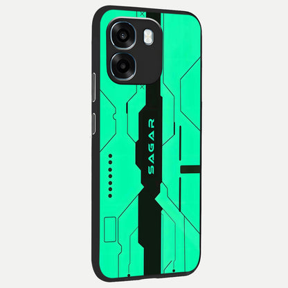 Aqua Tech CYBERPUNK Custom Name back cover For Oppo K14 5G slim fit glass case with vibrant aesthetic design