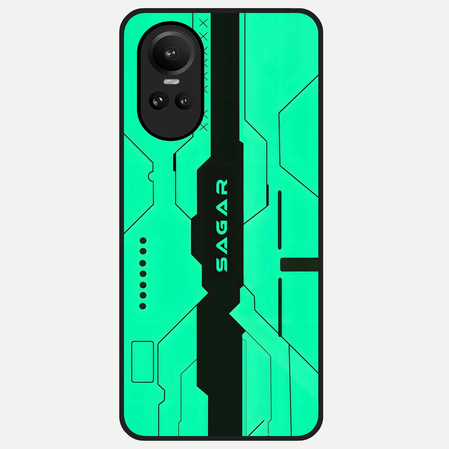  Aqua Tech CYBERPUNK Custom Name Glass Case For Oppo Reno 10 back cover – full design glossy printed glass finish