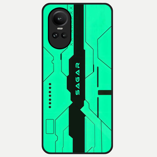  Aqua Tech CYBERPUNK Custom Name Glass Case For Oppo Reno 10 back cover – full design glossy printed glass finish