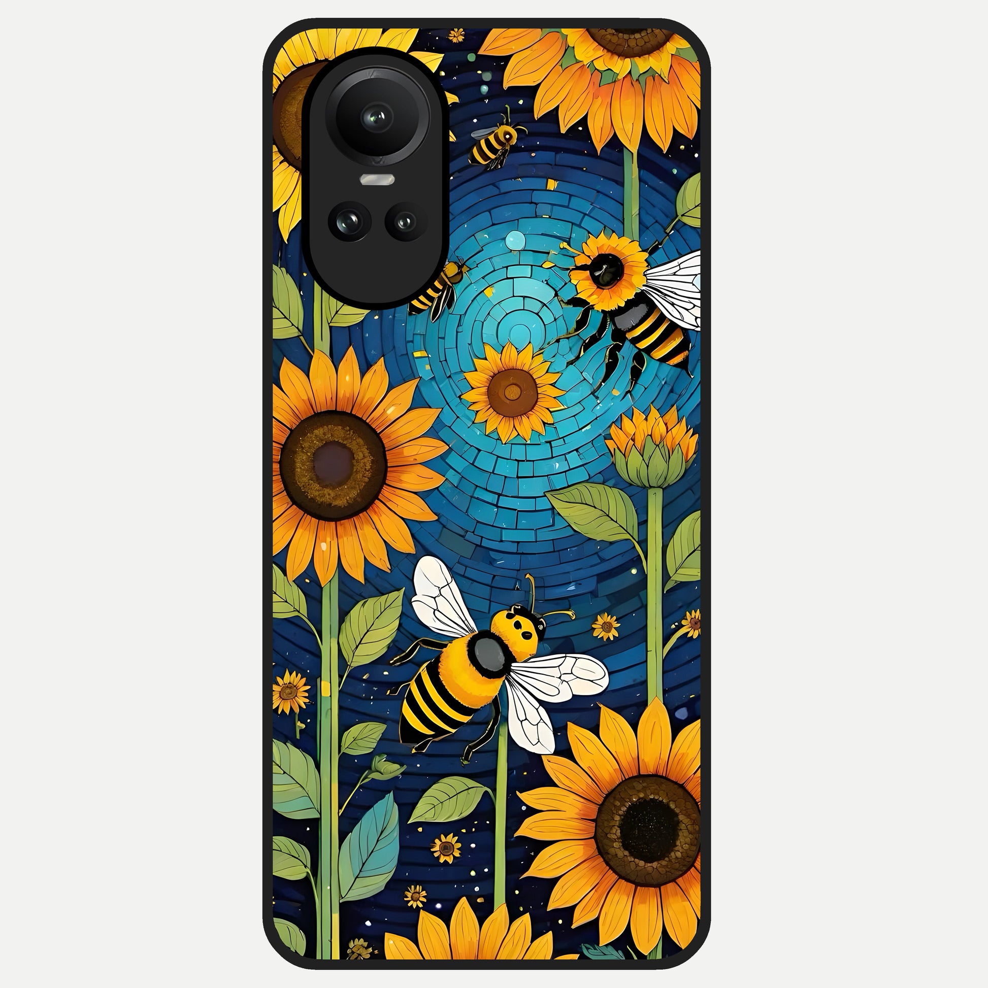  Bees And Sunflowers Glass Case For Oppo Reno 10 back cover – full design glossy printed glass finish