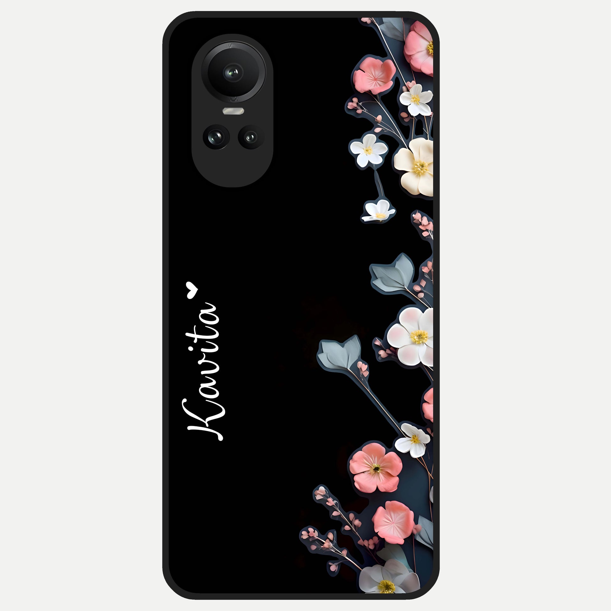  Black Elegance Floral Custom Name Glass Case For Oppo Reno 10 back cover – full design glossy printed glass finish