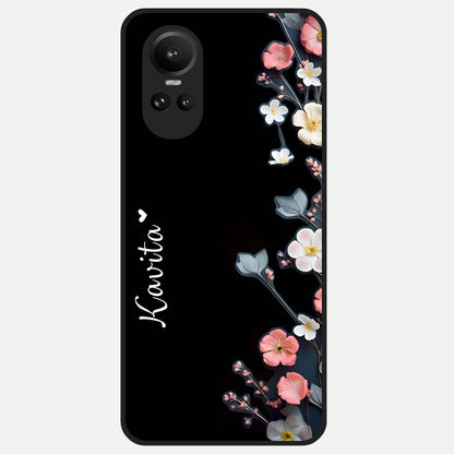  Black Elegance Floral Custom Name Glass Case For Oppo Reno 10 back cover – full design glossy printed glass finish