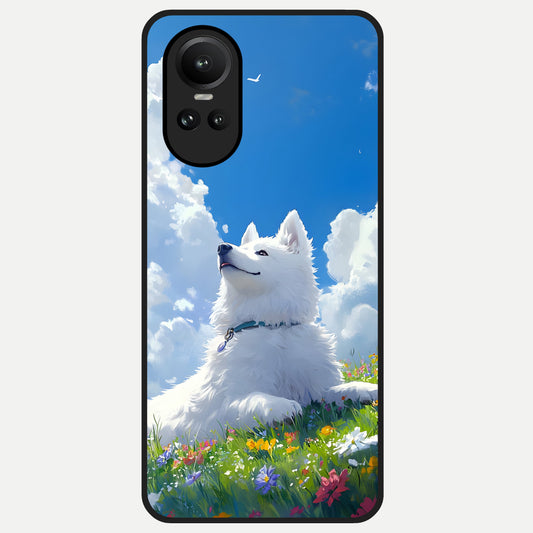  Blissful Cloud Pup Glass Case For Oppo Reno 10 back cover – full design glossy printed glass finish