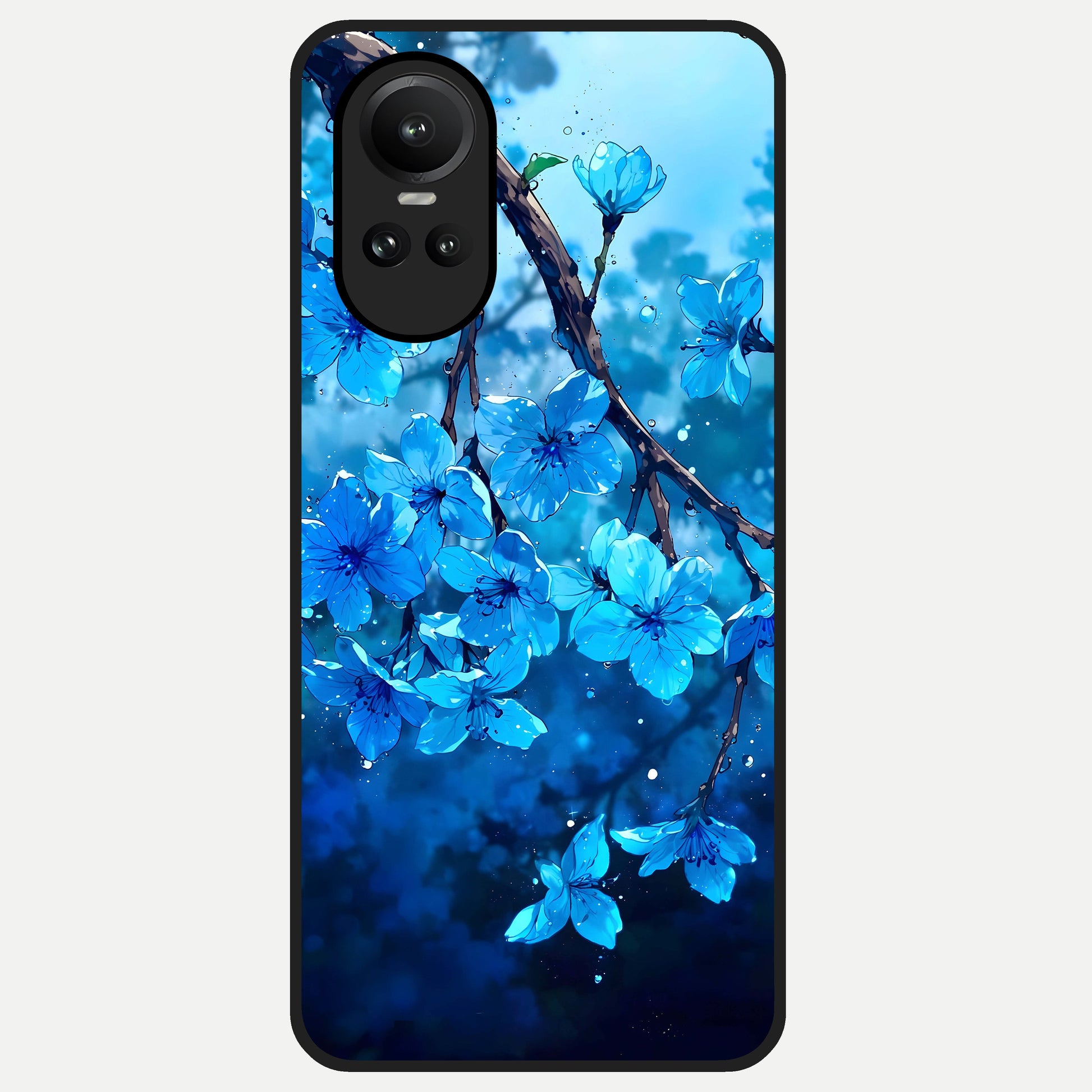  Blue Blossoms Branch Glass Case For Oppo Reno 10 back cover – full design glossy printed glass finish