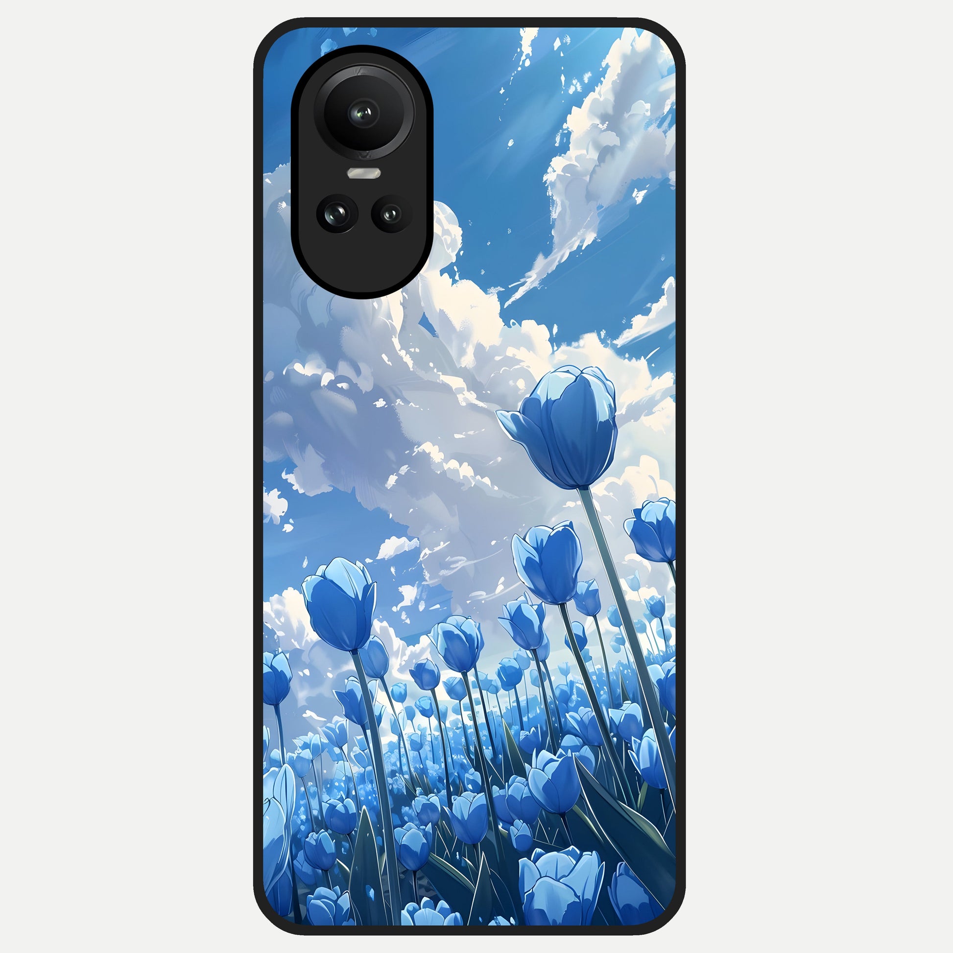  Blue Tulip Clouds Glass Case For Oppo Reno 10 back cover – full design glossy printed glass finish
