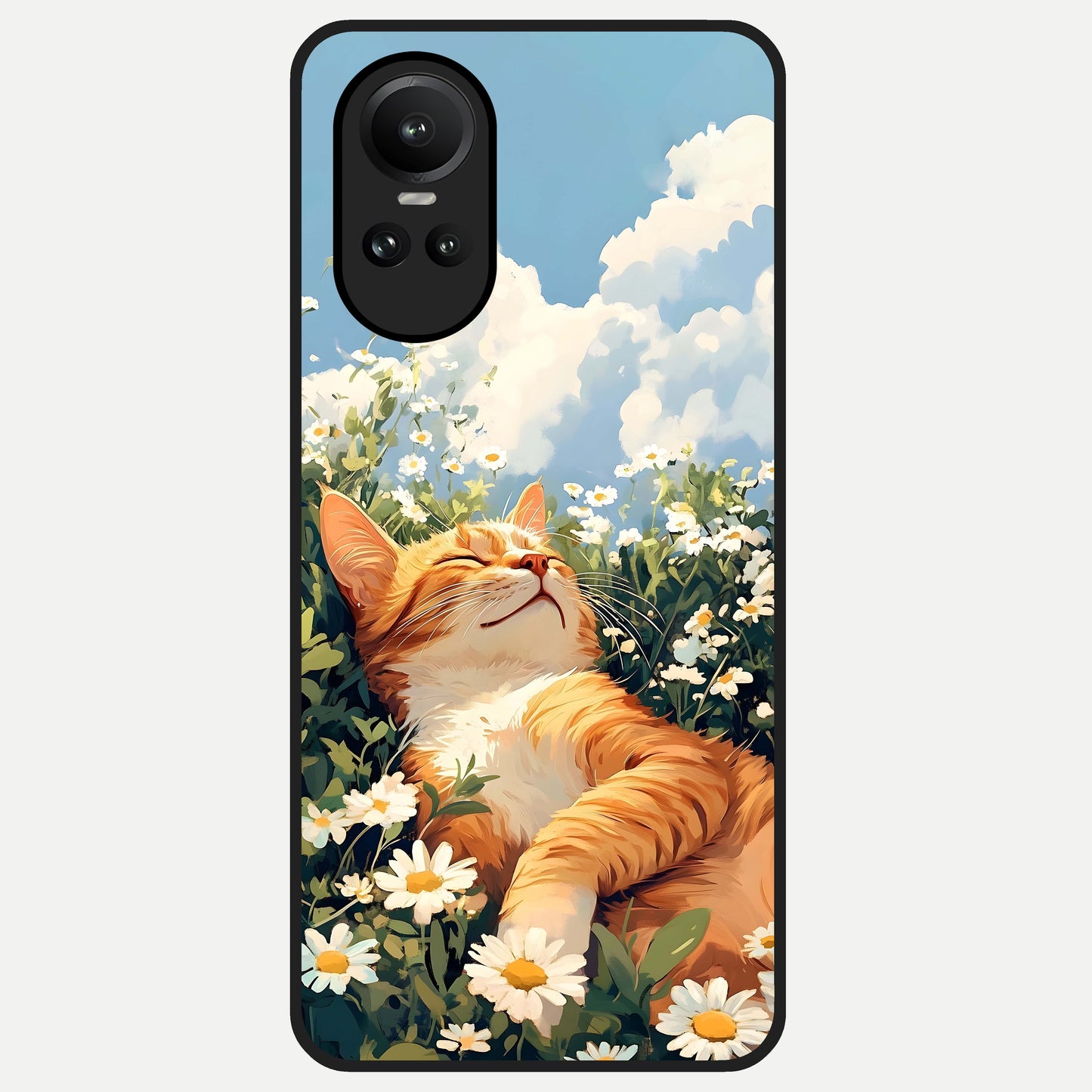  Cat And Flowers View Glass Case For Oppo Reno 10 back cover – full design glossy printed glass finish