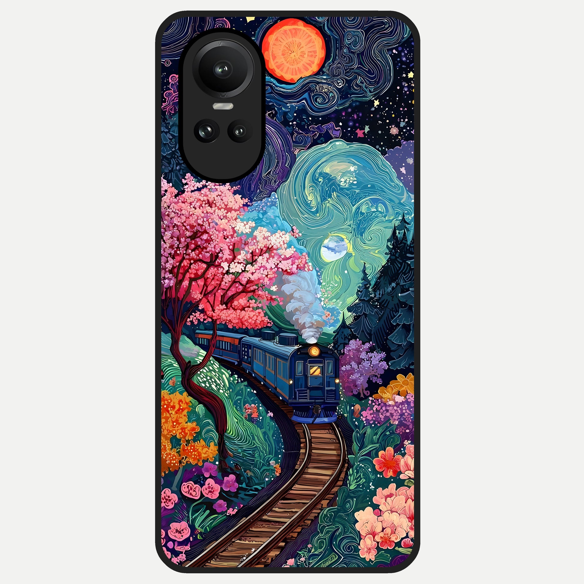  Celestial Train Journey Glass Case For Oppo Reno 10 back cover – full design glossy printed glass finish
