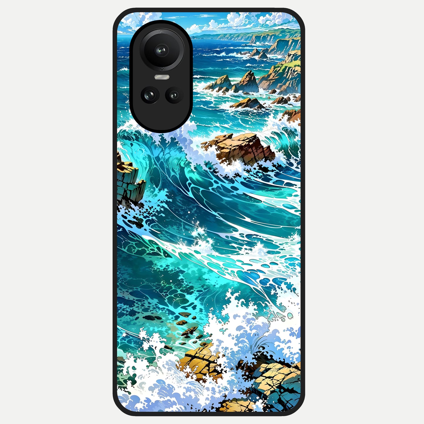  Coastal Blue Waves Glass Case For Oppo Reno 10 back cover – full design glossy printed glass finish