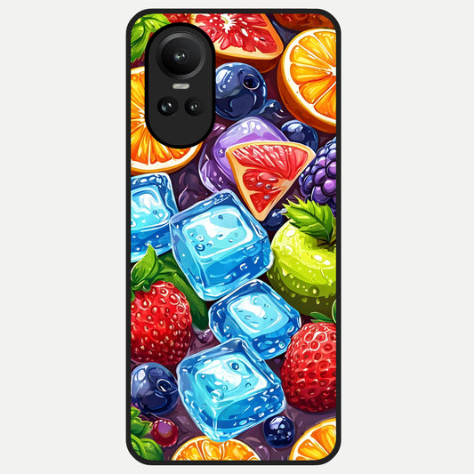  Colorful Fruits with Ice Glass Case For Oppo Reno 10 back cover – full design glossy printed glass finish