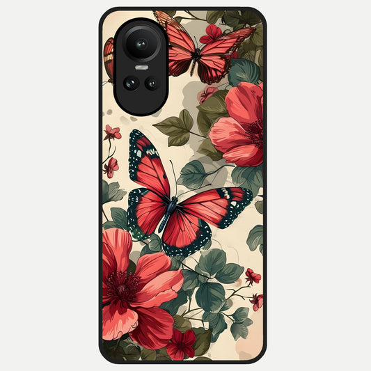  Crimson Butterfly Garden Glass Case For Oppo Reno 10 back cover – full design glossy printed glass finish