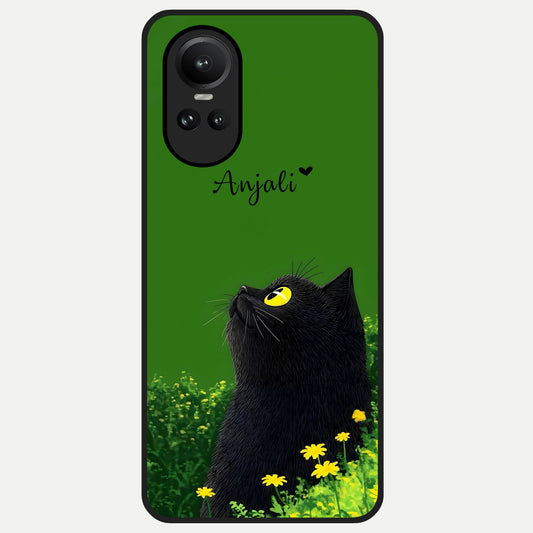  Emerald Cat Custom Name Glass Case For Oppo Reno 10 back cover – full design glossy printed glass finish