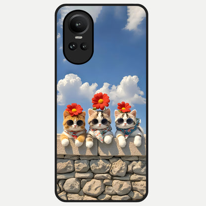  Floral Kitty Squad Glass Case For Oppo Reno 10 back cover – full design glossy printed glass finish
