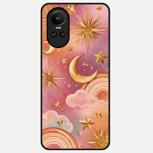  Golden Celestial Dreams Glass Case For Oppo Reno 10 back cover – full design glossy printed glass finish