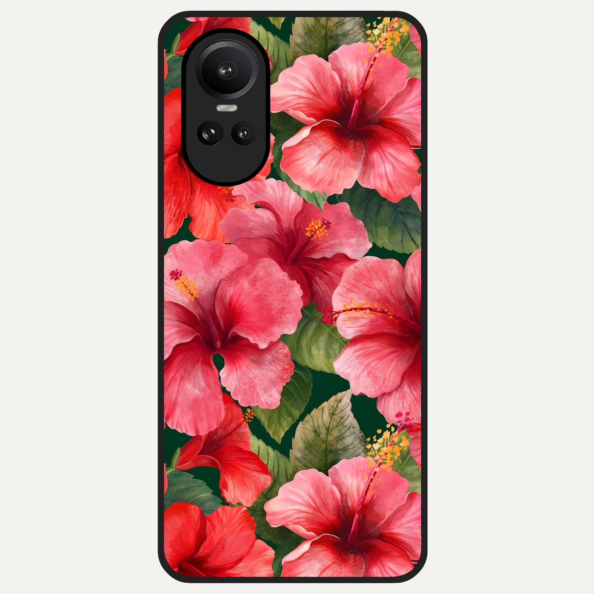  Hibiscus Pattern Glass Case For Oppo Reno 10 back cover – full design glossy printed glass finish