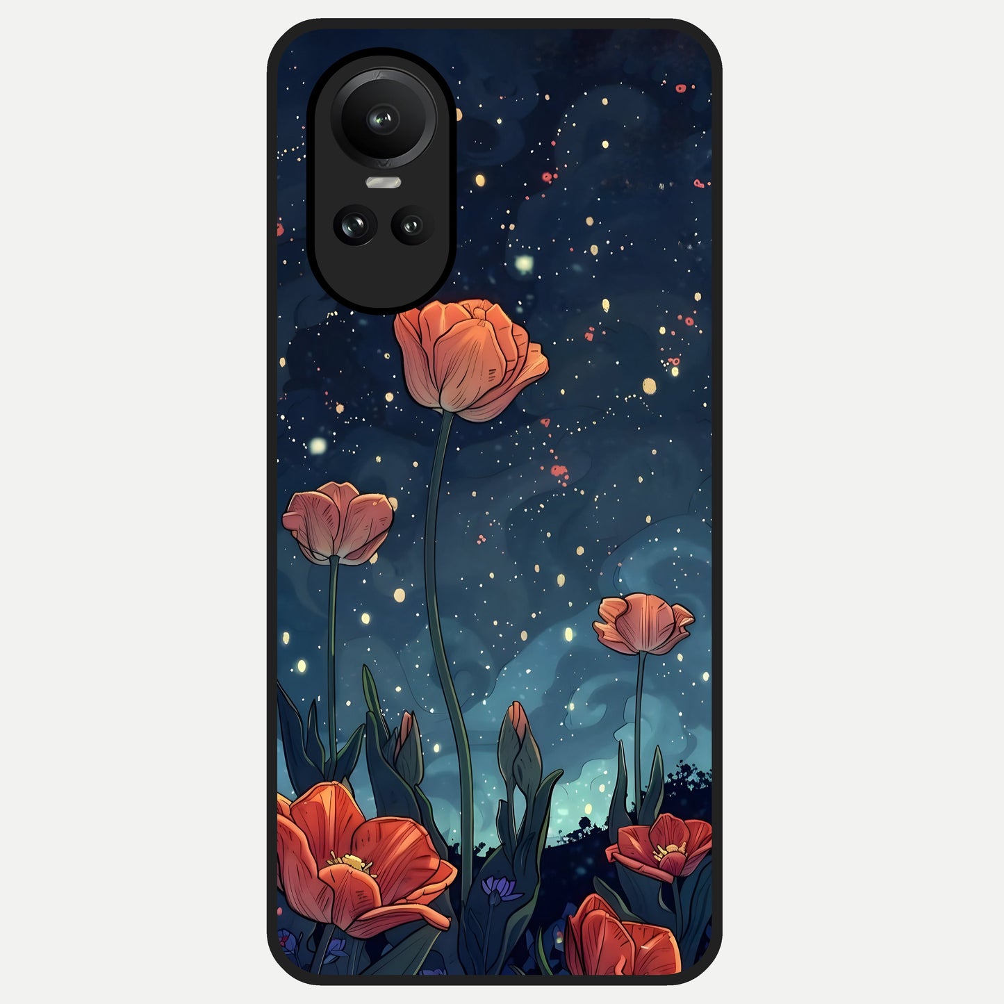  Midnight Tulip Glow Glass Case For Oppo Reno 10 back cover – full design glossy printed glass finish