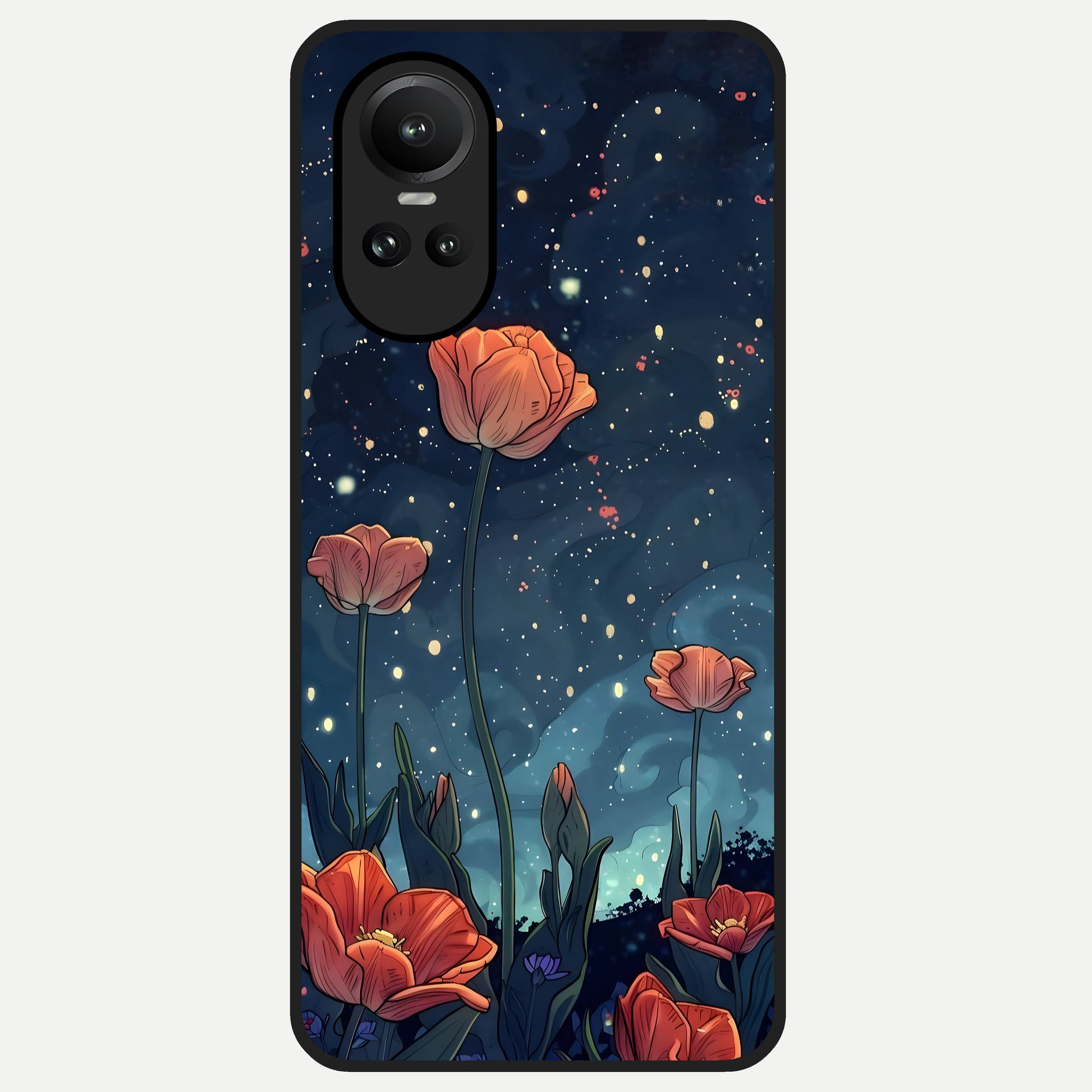  Midnight Tulip Glow Glass Case For Oppo Reno 10 back cover – full design glossy printed glass finish