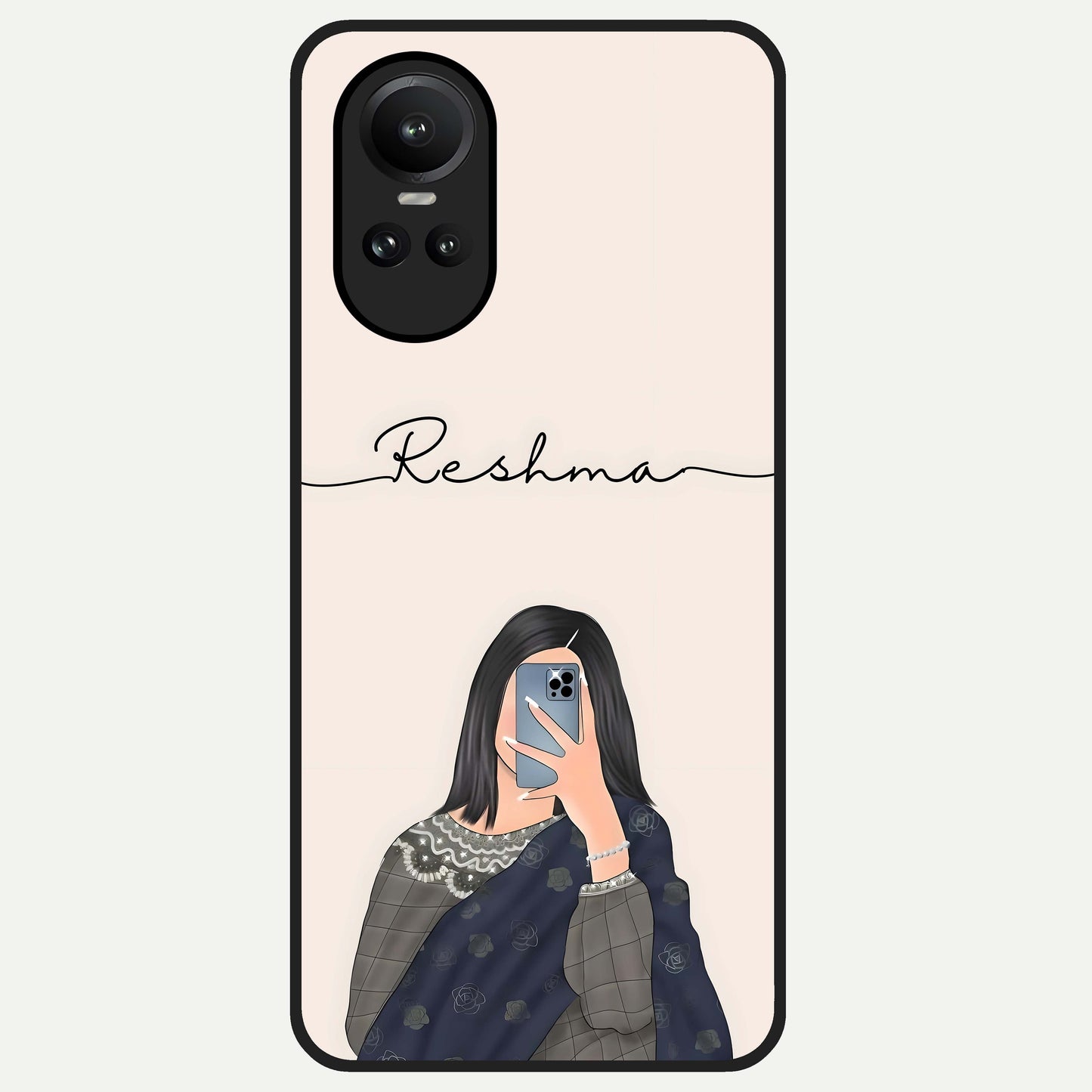  Mirror Mood Muse With Custom Name Glass Case For Oppo Reno 10 back cover – full design glossy printed glass finish