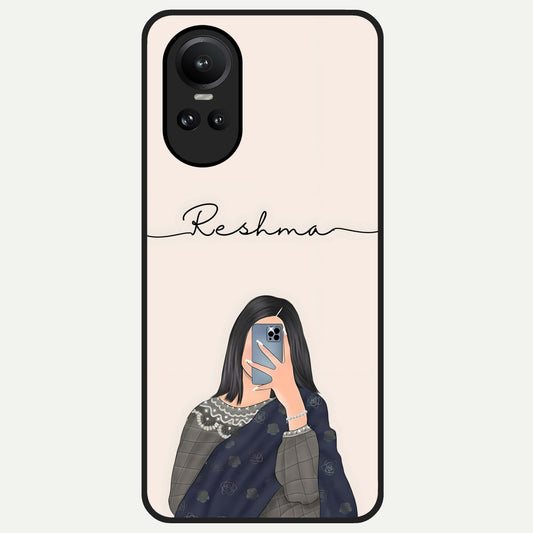  Mirror Mood Muse With Custom Name Glass Case For Oppo Reno 10 back cover – full design glossy printed glass finish