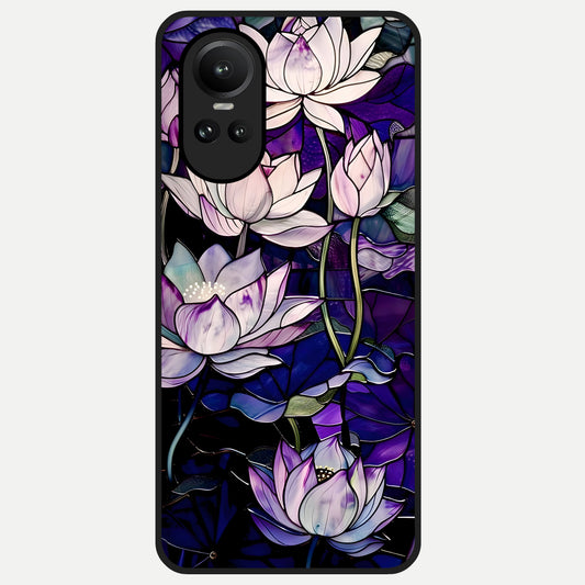  Purple Lotus Pattern Glass Case For Oppo Reno 10 back cover – full design glossy printed glass finish