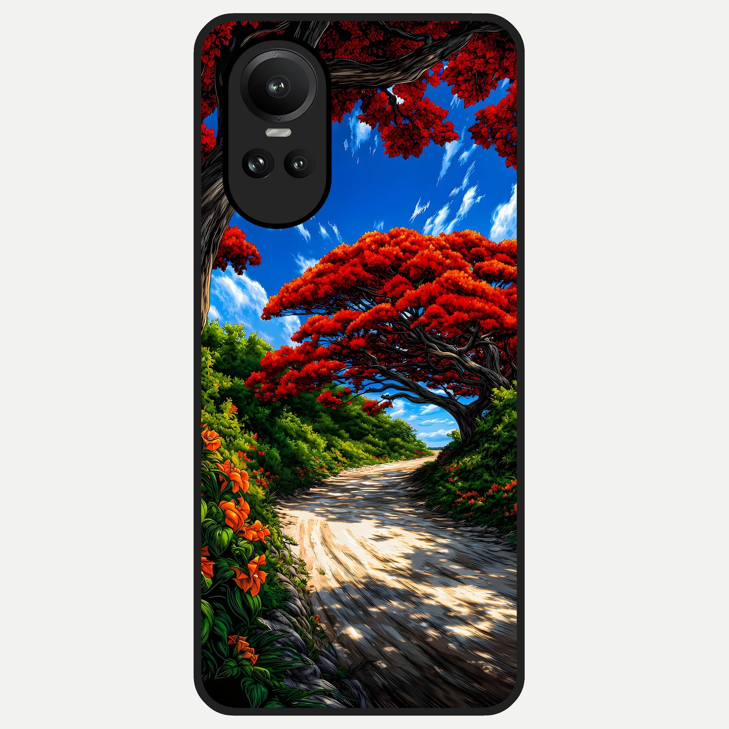  Red Trees Pathway Glass Case For Oppo Reno 10 back cover – full design glossy printed glass finish