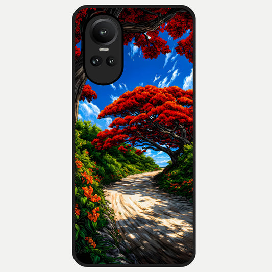  Red Trees Pathway Glass Case For Oppo Reno 10 back cover – full design glossy printed glass finish