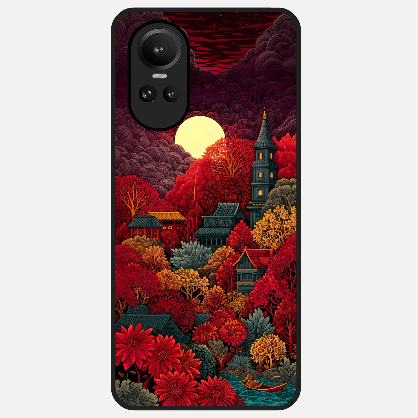  Scarlet Autumn Temple Glass Case For Oppo Reno 10 back cover – full design glossy printed glass finish