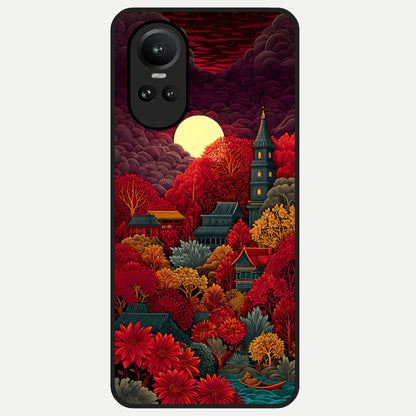  Scarlet Autumn Temple Glass Case For Oppo Reno 10 back cover – full design glossy printed glass finish