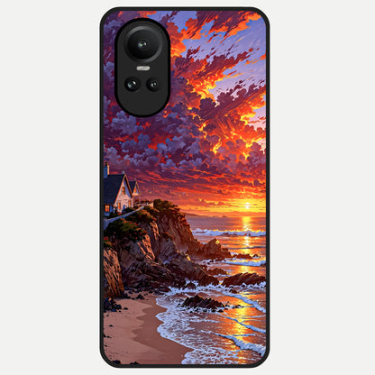  Sunset House By Sea Glass Case For Oppo Reno 10 back cover – full design glossy printed glass finish