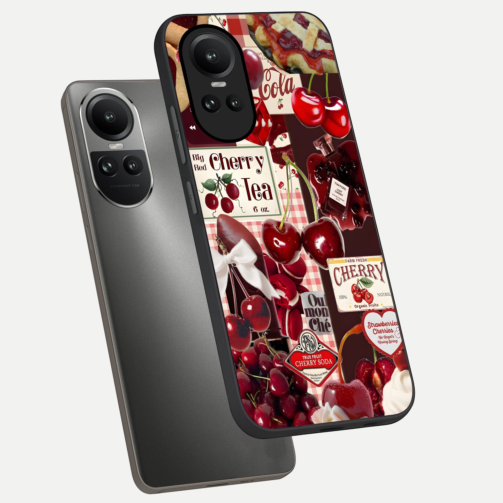  Aesthetic Cherry Tea phone case For Oppo Reno 10 showing premium glass back cover with detailed artwork