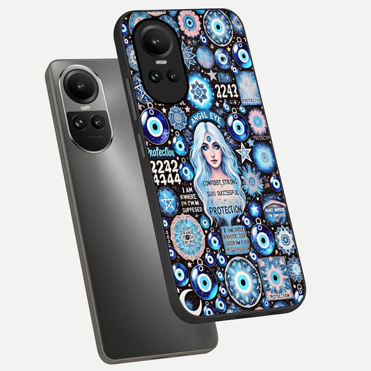  Angel Aura Shield phone case For Oppo Reno 10 showing premium glass back cover with detailed artwork
