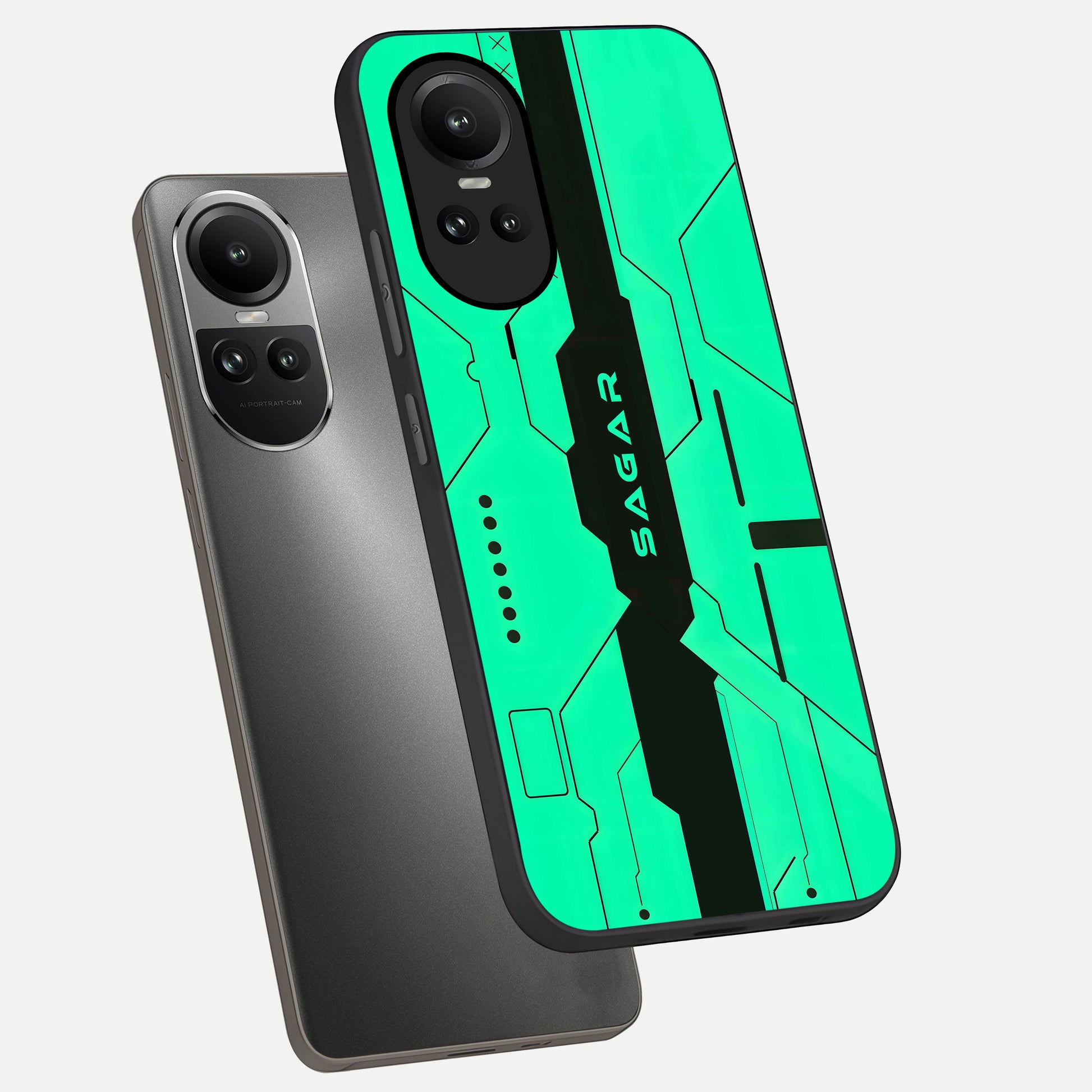  Aqua Tech CYBERPUNK Custom Name phone case For Oppo Reno 10 showing premium glass back cover with detailed artwork