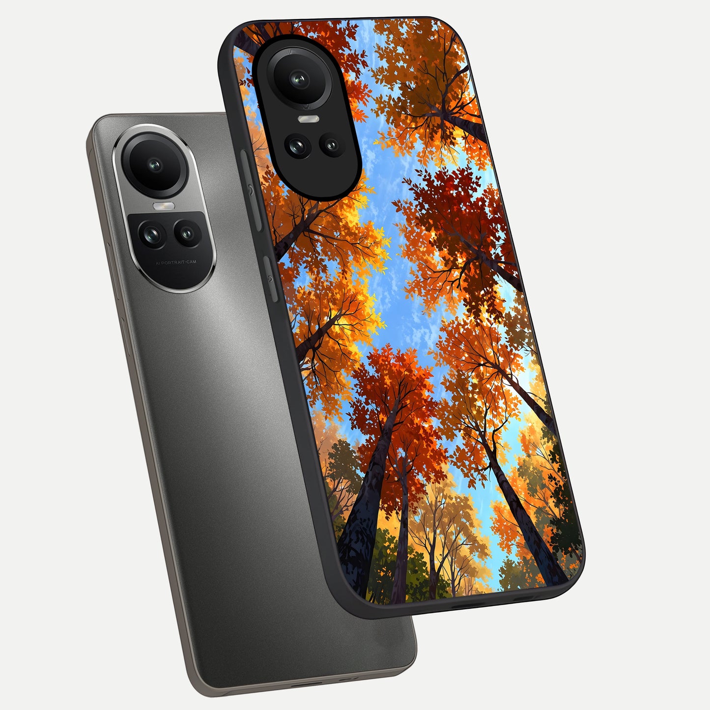  Autumn Sky Rise phone case For Oppo Reno 10 showing premium glass back cover with detailed artwork
