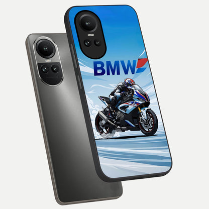  BMW Power Drift phone case For Oppo Reno 10 showing premium glass back cover with detailed artwork