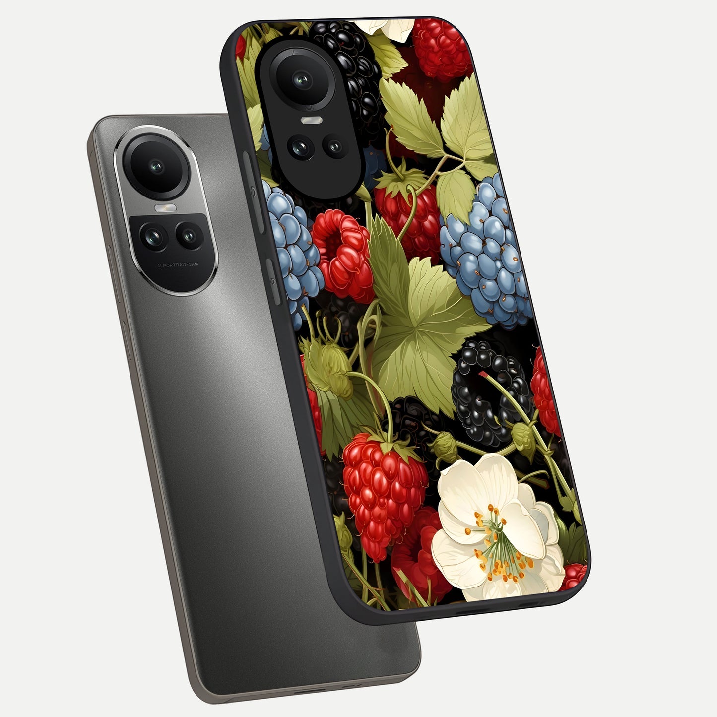  Berry Bloom Charm phone case For Oppo Reno 10 showing premium glass back cover with detailed artwork