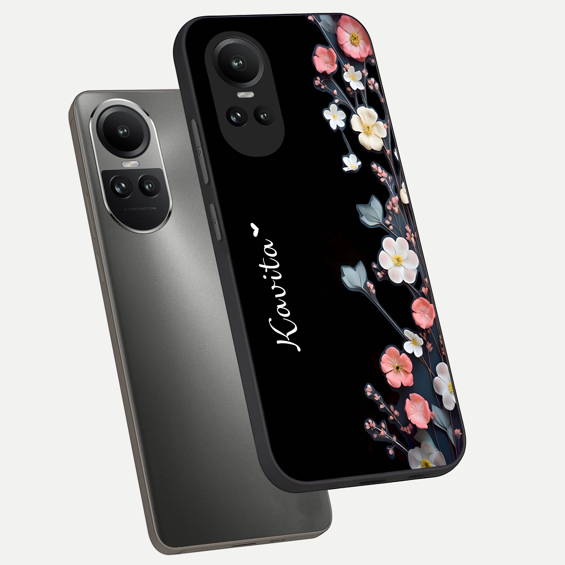  Black Elegance Floral Custom Name phone case For Oppo Reno 10 showing premium glass back cover with detailed artwork