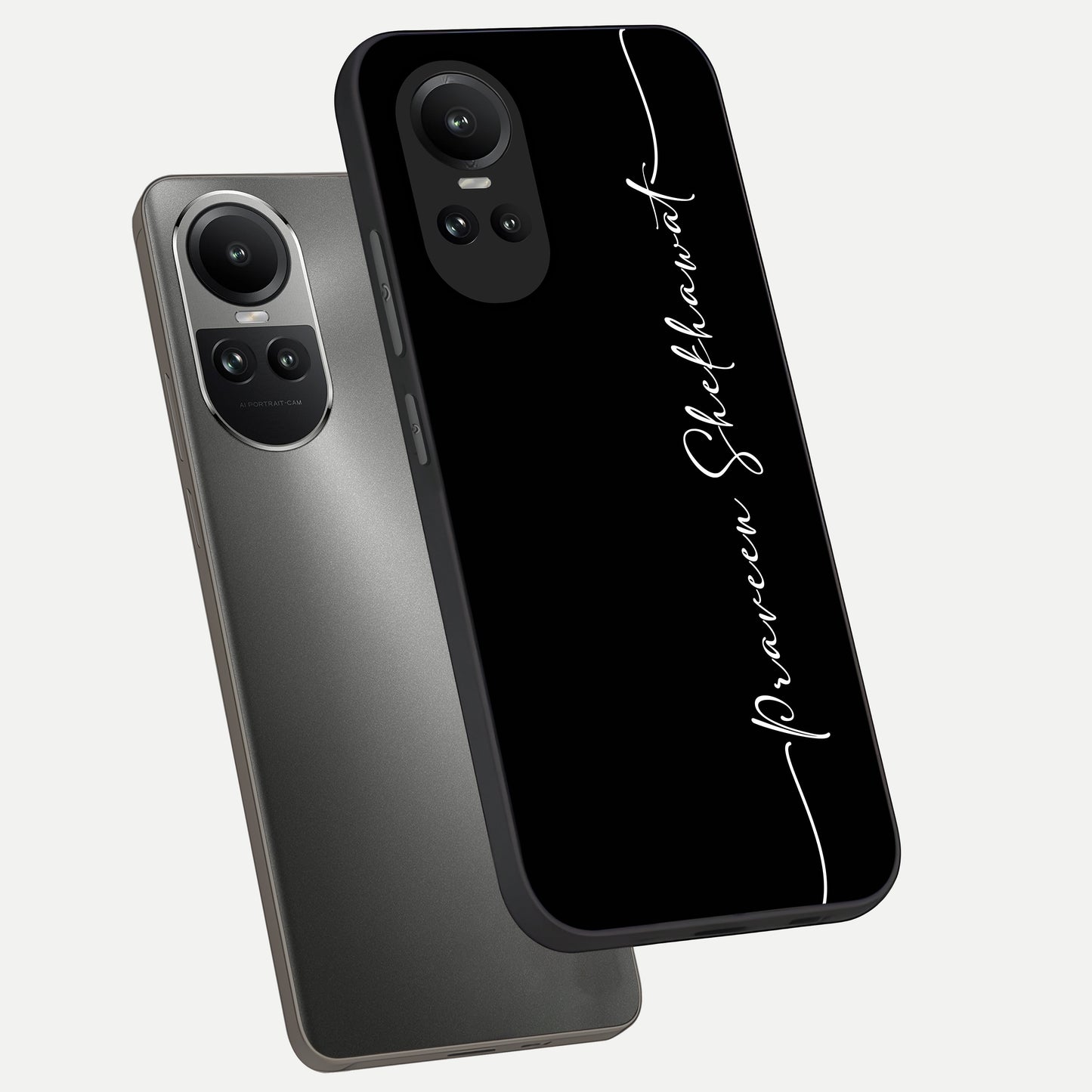  Black Tune Custom Name phone case For Oppo Reno 10 showing premium glass back cover with detailed artwork